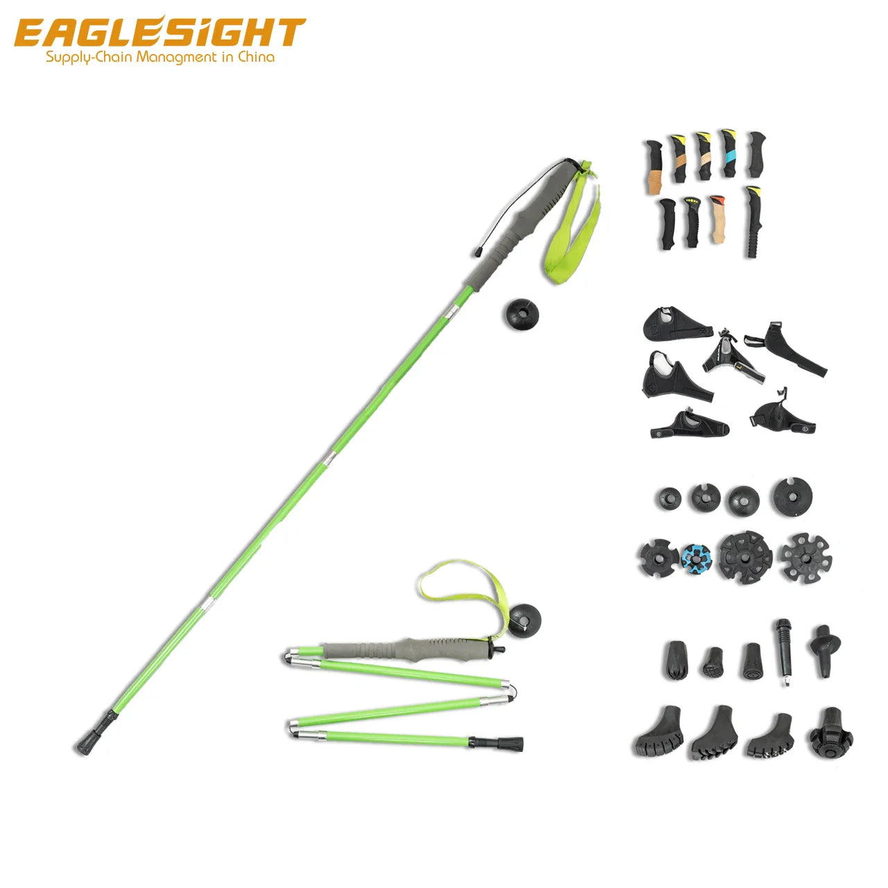 Customized 7075 Aluminum EVA Grip Retractable Hiking Poles with Iron Stick Tip for Outdoor Mountaineering Camping and Hiking