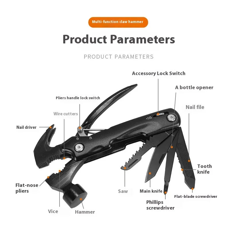 Multifunctional Clamp Hammer Personalized Outdoor Emergency Rescue Foldable Tool for Camping Hiking Tours and Other Activities